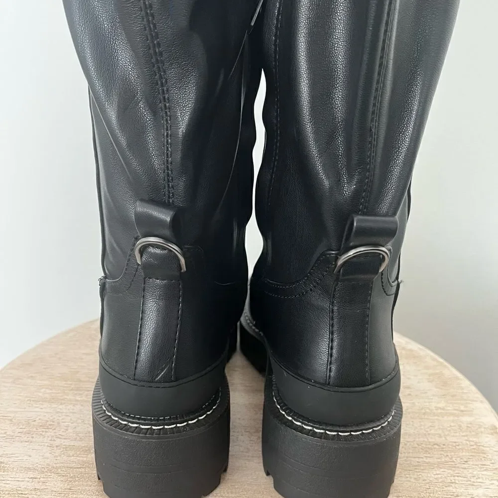 Sam Edelman Lerue Over The Knee Stretch Side Zip Lug Combat Boots Black NWOB